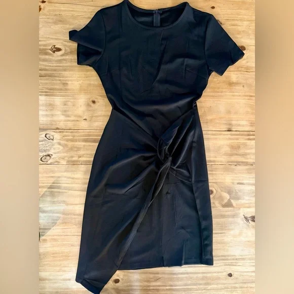 Black Sheath Dress with Asymmetrical Wrap and Crew Neck - Picture 1 of 3